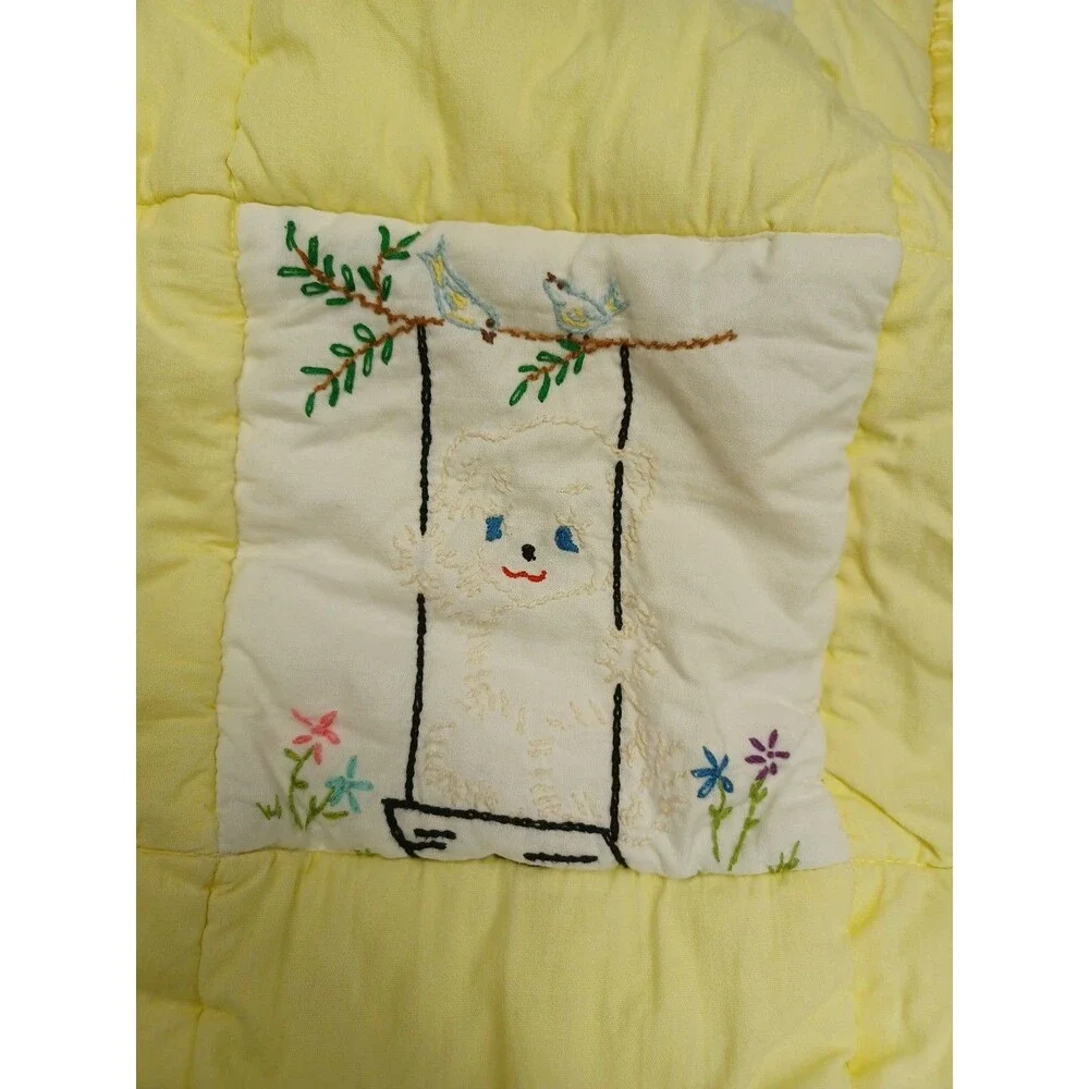 Vtg 70's Quilted Baby Crib Quilt Yellow Animals Embroidery Unisex 48x30